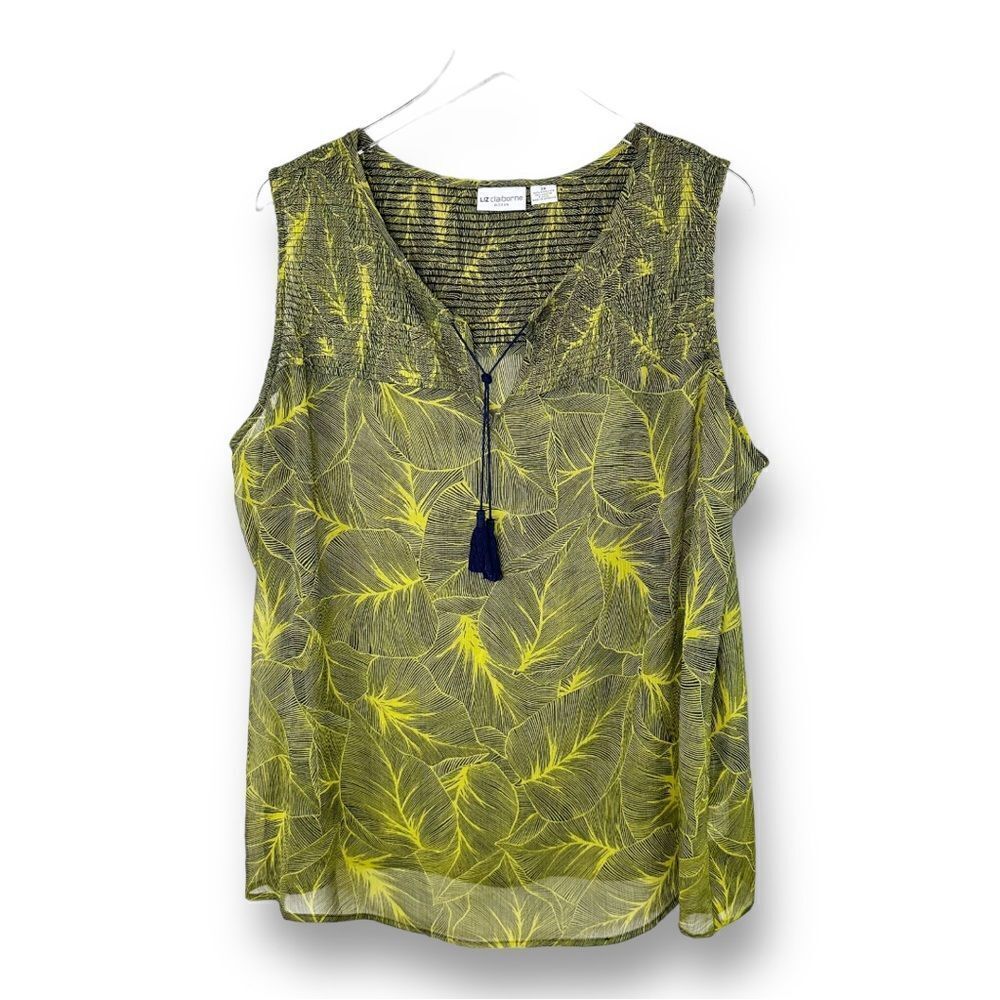 Liz Claiborne Green Sheer Tropical Leaf Print Tank w/Tassel 2X